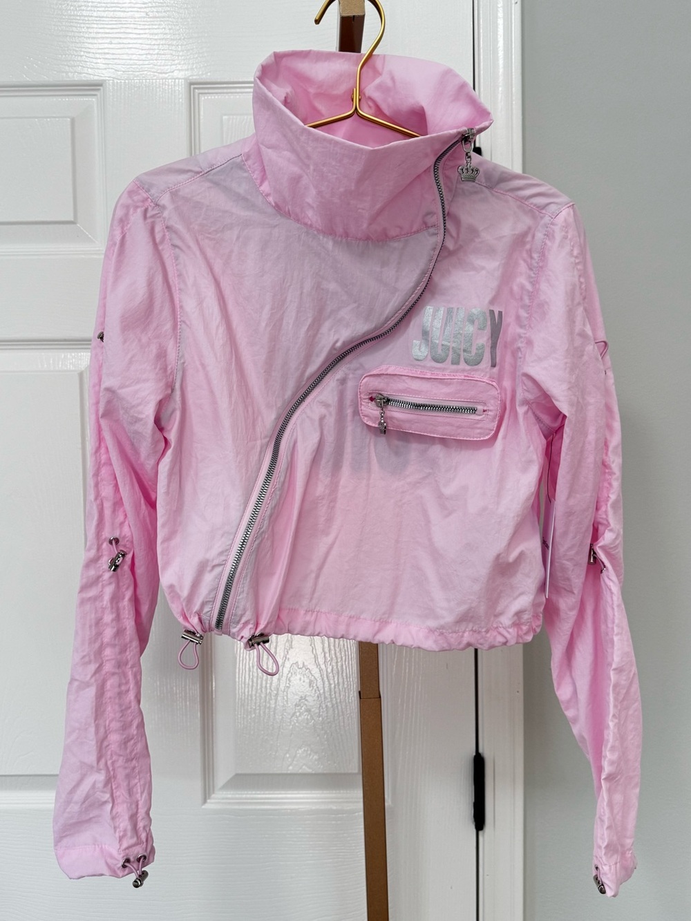 Juicy couture rare baby pink cropped rain coat vertical zipper with crown charms